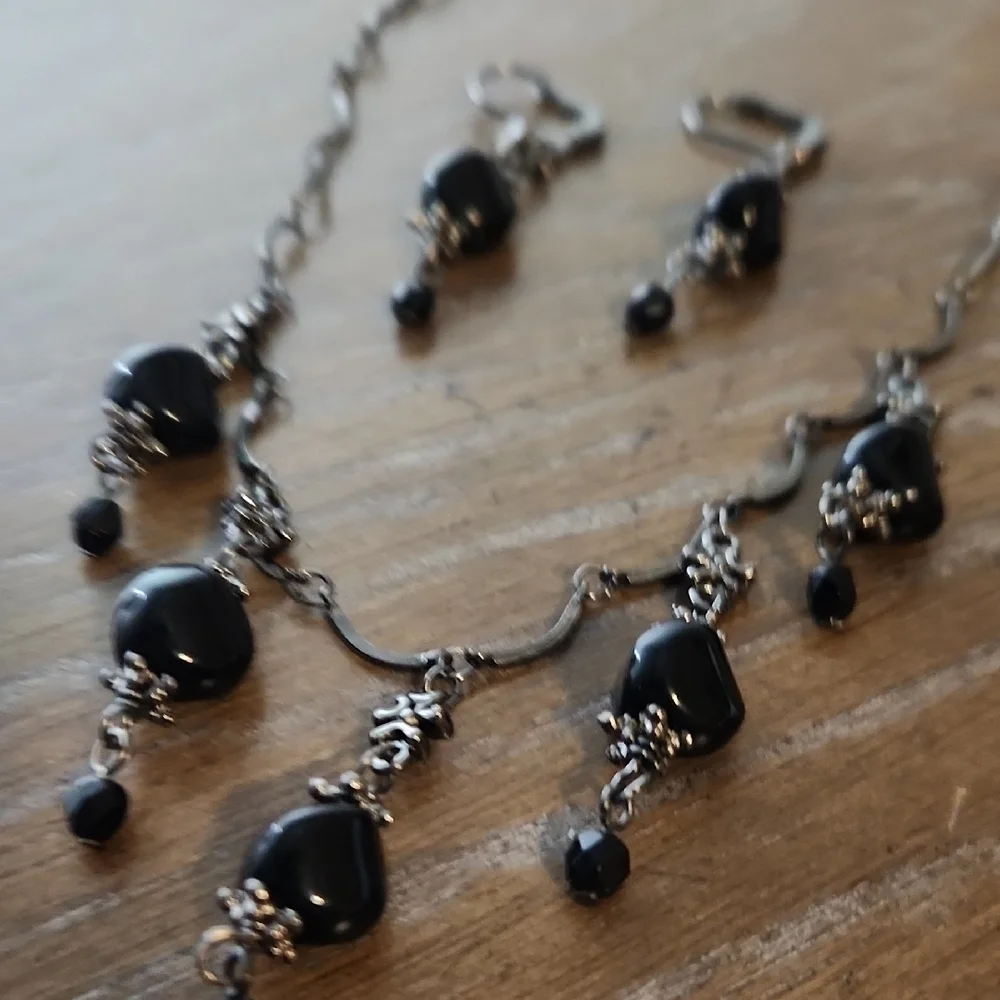 Vintage Inspired Black Bead Necklace and Earring Set